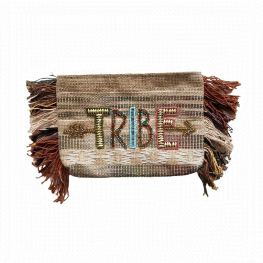 Ale by Alessandra tribe beaded jute clutch with fringe detail